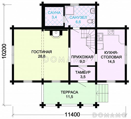Проект небольшого дома из оцилиндрованного бревна с сауной / План 1 этажа Проект небольшого дома из оцилиндрованного бревна с сауной / План 1 этажа