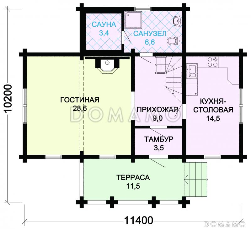 Проект небольшого дома из оцилиндрованного бревна с сауной / План 1 этажа
