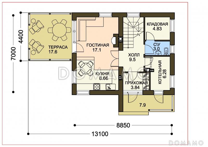 Проект компактного белого коттеджа с террасой и большим балконом / План 1 этажа