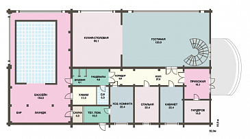 Проект роскошного дома из клееного бруса с бассейном и огромной гостиной / План 1 этажа Проект роскошного дома из клееного бруса с бассейном и огромной гостиной / План 1 этажа