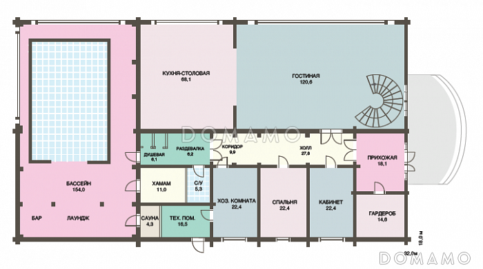 Проект роскошного дома из клееного бруса с бассейном и огромной гостиной / План 1 этажа Проект роскошного дома из клееного бруса с бассейном и огромной гостиной / План 1 этажа