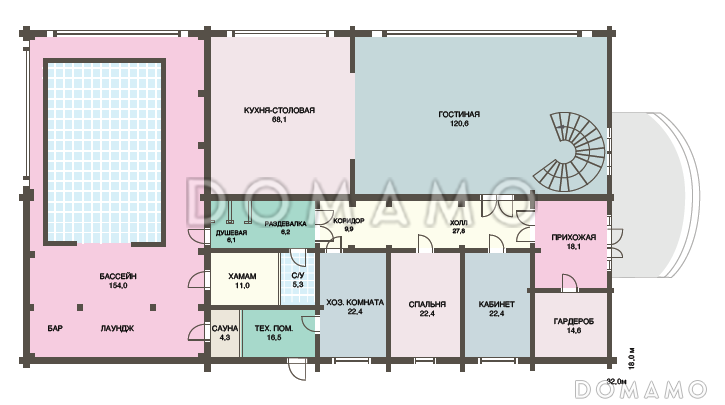 Проект роскошного дома из клееного бруса с бассейном и огромной гостиной / План 1 этажа