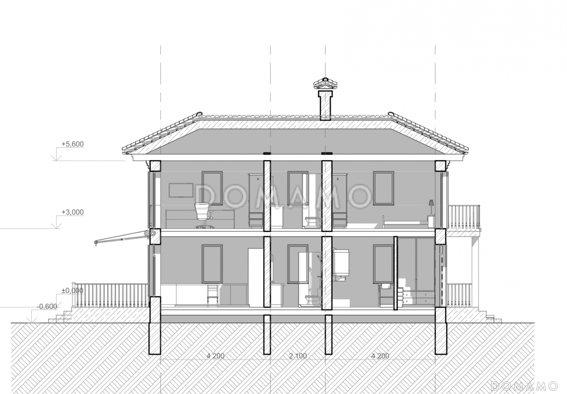 Проект загородного дома с террасой, совмещенной кухней и гостиной, большой спальней с французскими балконами на втором этаже / 8