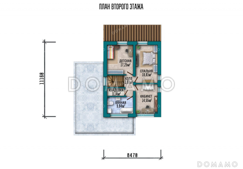 Проект двухэтажного дома с просторной террасой и плоской кровлей / План 2 этажа