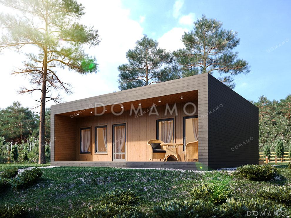 Проект маленького современного дома со стильной террасой, гостиной и кухней / 1