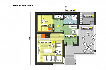 Проект бани с крытой террасой, просторной комнатой отдыха, дровником / План 1 этажа