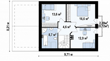 Проект небольшого одноэтажного мансардного дома из кирпича с кабинетом, эркером и гаражом / План мансардного этажа