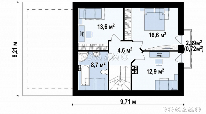 Проект небольшого одноэтажного мансардного дома из кирпича с кабинетом, эркером и гаражом / План мансардного этажа