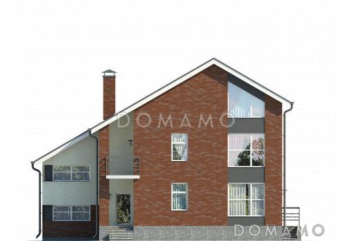 Проект дома с двухскатной крышей с мансардными окнами,  террасой, двумя балконами, кладовой на мансарде / Фасад 1