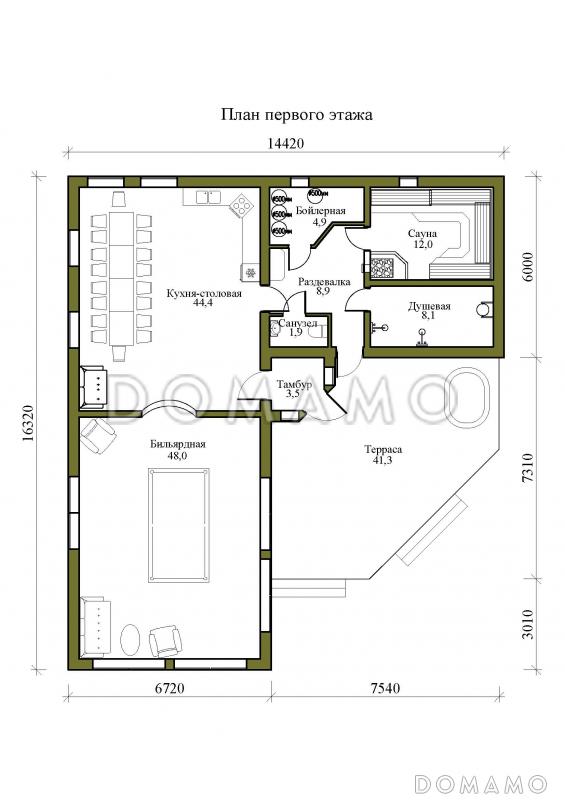 Проект одноэтажной бани с бильярдной и кухней-столовой / План 1 этажа