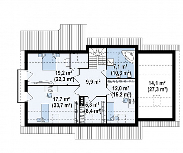 Проект одноэтажного мансардного дома из кирпича с четырьмя спальнями, эркером и гаражом / План мансардного этажа