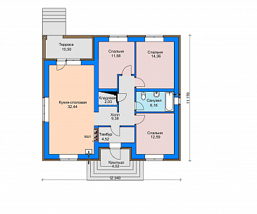 Проект одноэтажного дома с террасой, просторной кухней-столовой, кладовой в холле и спальнями / План 1 этажа Проект одноэтажного дома с террасой, просторной кухней-столовой, кладовой в холле и спальнями / План 1 этажа