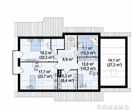 Проект одноэтажного мансардного дома из кирпича с четырьмя спальнями, эркером и гаражом / План мансардного этажа