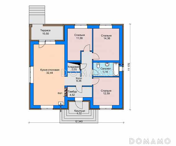 Проект одноэтажного дома с террасой, просторной кухней-столовой, кладовой в холле и спальнями / План 1 этажа Проект одноэтажного дома с террасой, просторной кухней-столовой, кладовой в холле и спальнями / План 1 этажа