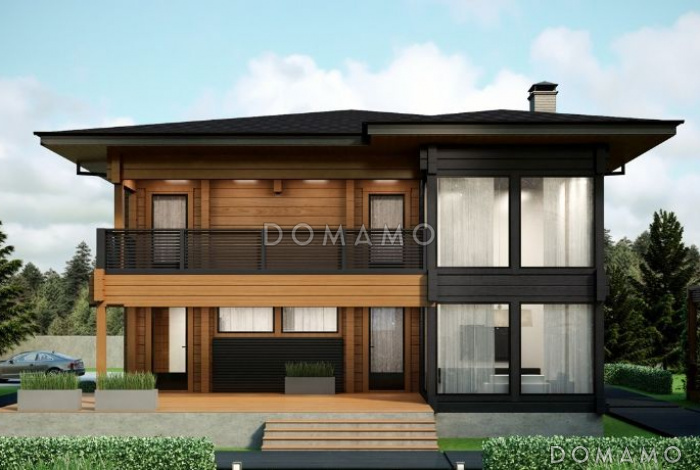 Проект дома из клееного бруса с двумя навесными балконами Проект дома из клееного бруса с двумя навесными балконами