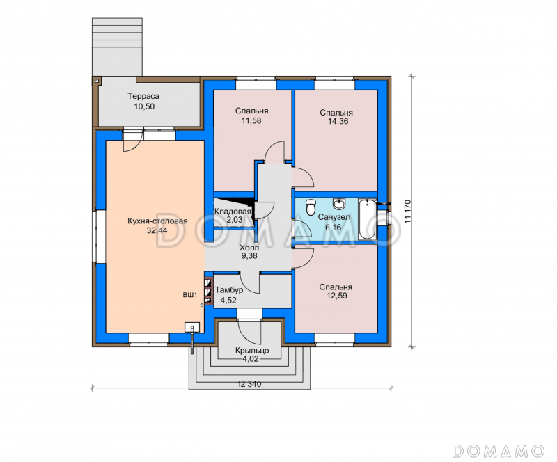 Проект одноэтажного дома с террасой, просторной кухней-столовой, кладовой в холле и спальнями / План 1 этажа
