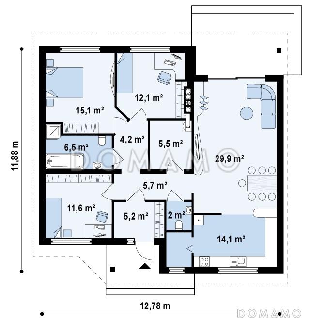 Проект простого компактного одноэтажного дома из кирпича с тремя спальнями / План 1 этажа