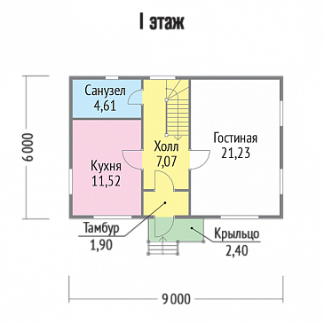 Проект двухэтажного каркасного дома 6х9 / План 1 этажа