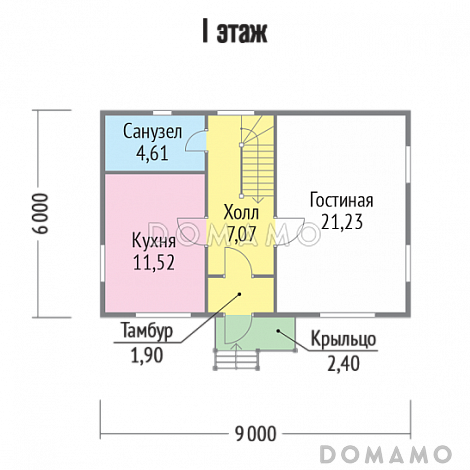 Проект двухэтажного каркасного дома 6х9 / План 1 этажа