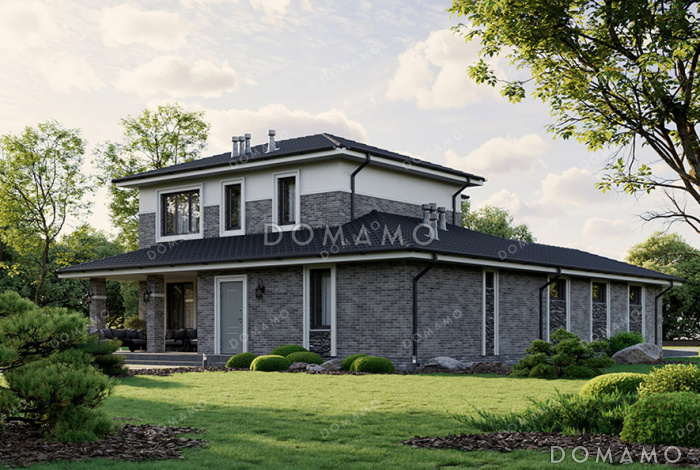 Проект двухэтажного дома с 3 спальнями, парной, террасой и большим гаражом и