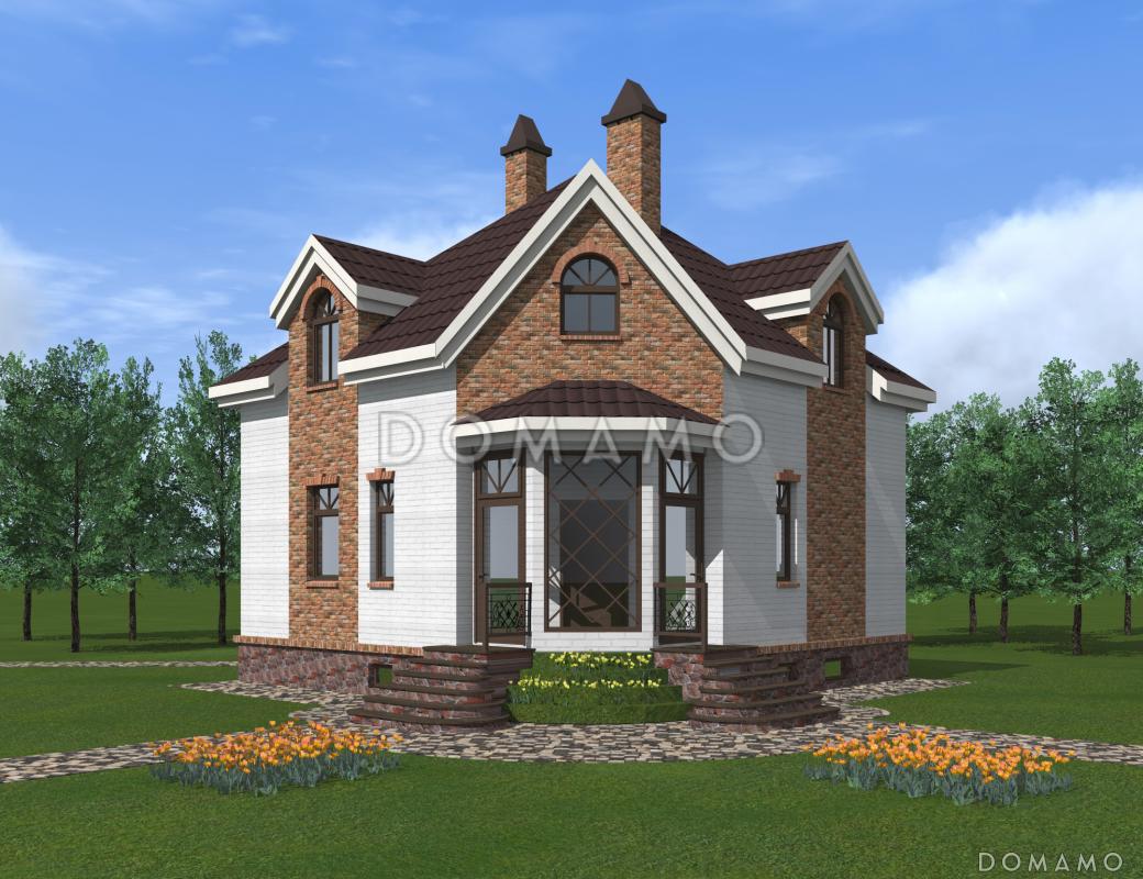 Проект квадратного  коттеджа  со входом с угла, террасой и подвалом. / 2