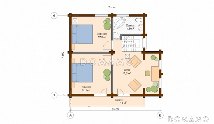 Проект дома из клееного бруса с многощипцовой крышей / План мансардного этажа