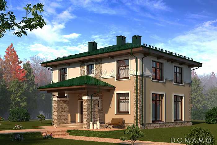 Проект двухцветного коттеджа из SIP с двумя гардеробными и большим крыльцом