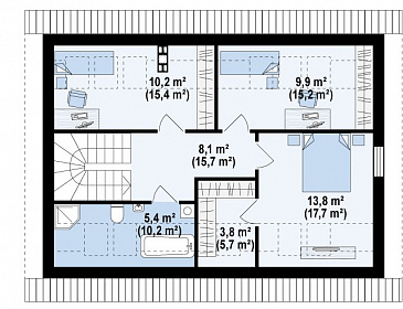 Проект одноэтажного мансардного дома из газобетона с большим техническим помещением и тремя спальнями / План мансардного этажа