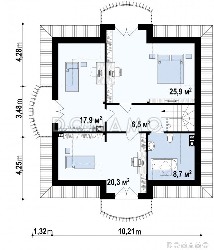 Проект классического одноэтажного мансардного дома из кирпича с кабинетом, хозяйственным помещением и с балконами в каждой из трёх спален / План мансардного этажа