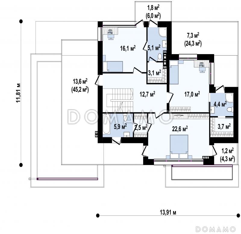 Проект двухэтажного дома с подвалом, гаражом, кладовой в центре кухонной зоны / План 2 этажа