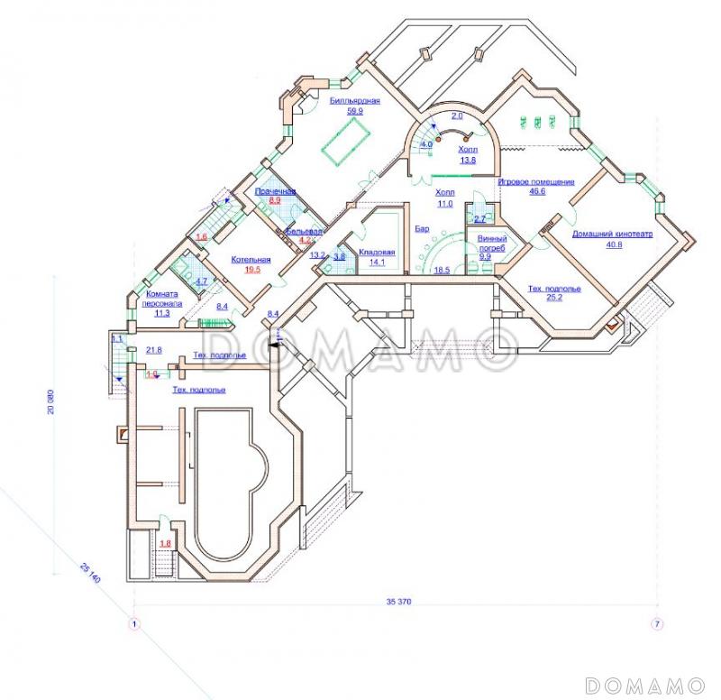 Проект коттеджа с угловой планировкой и бассейном / План цокольного этажа