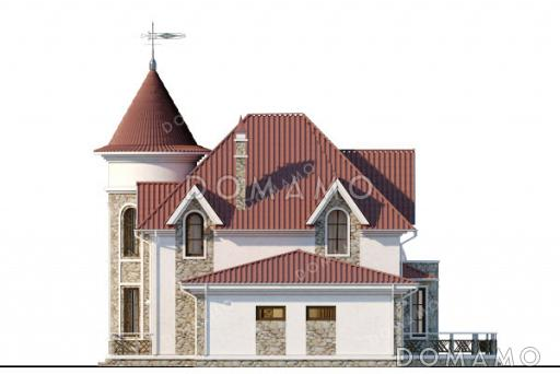 Проект дома-замка с гаражом на два автомобиля, башенкой и полукруглой террасой / Фасад 2