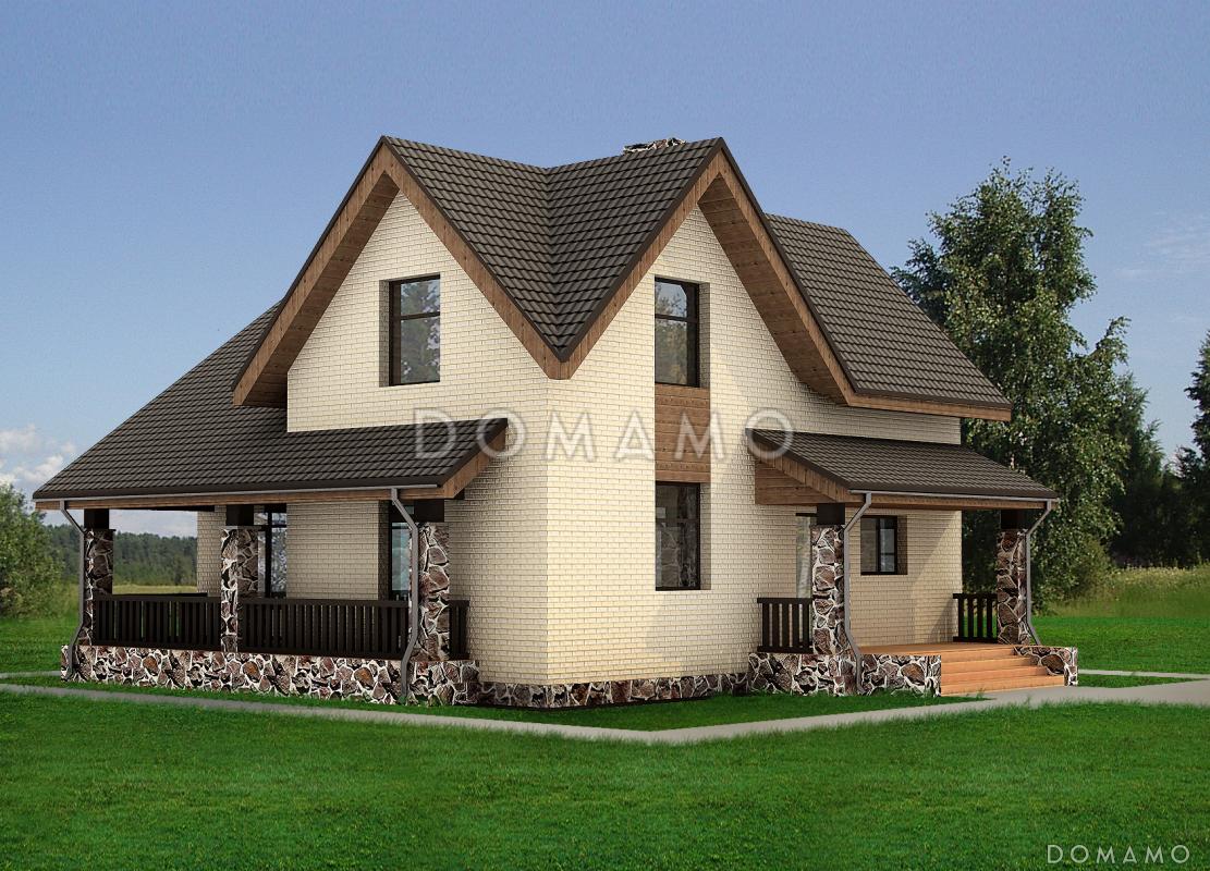 Проект частного дома в европейском стиле, с двумя террасами, мансардными окнами, простой функциональной планировкой / 1