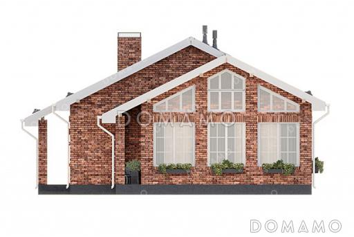 Проект одноэтажного дома с большим чердаком, просторной крытой верандой и двухскатной кровлей / Фасад 1