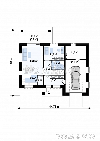 Проект двухэтажного дома из газобетона с гаражом, кабинетом, террасой / План 1 этажа