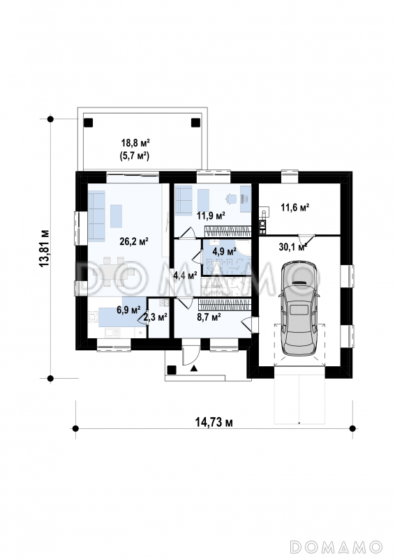 Проект двухэтажного дома из газобетона с гаражом, кабинетом, террасой / План 1 этажа