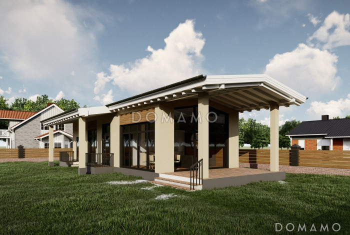 Проект бани с большой комнатой отдыха и крытой террасой Проект бани с большой комнатой отдыха и крытой террасой