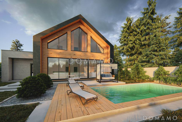 Проект загородного дома с панорамным остеклением, кабинетом, просторной гостиной, гаражом на 2 машины Проект загородного дома с панорамным остеклением, кабинетом, просторной гостиной, гаражом на 2 машины