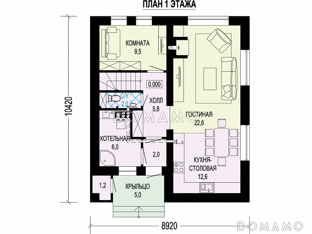 Проект загородного дома с тремя санузлами, гостиной с камином, кладовой у крыльца / План 1 этажа Проект загородного дома с тремя санузлами, гостиной с камином, кладовой у крыльца / План 1 этажа