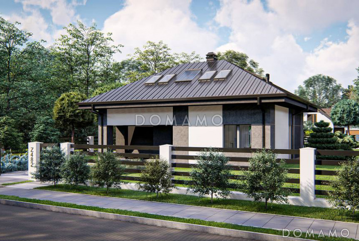 Проект дома с мансардой, гаражом, просторной гостиной с камином, тремя спальнями на мансарде