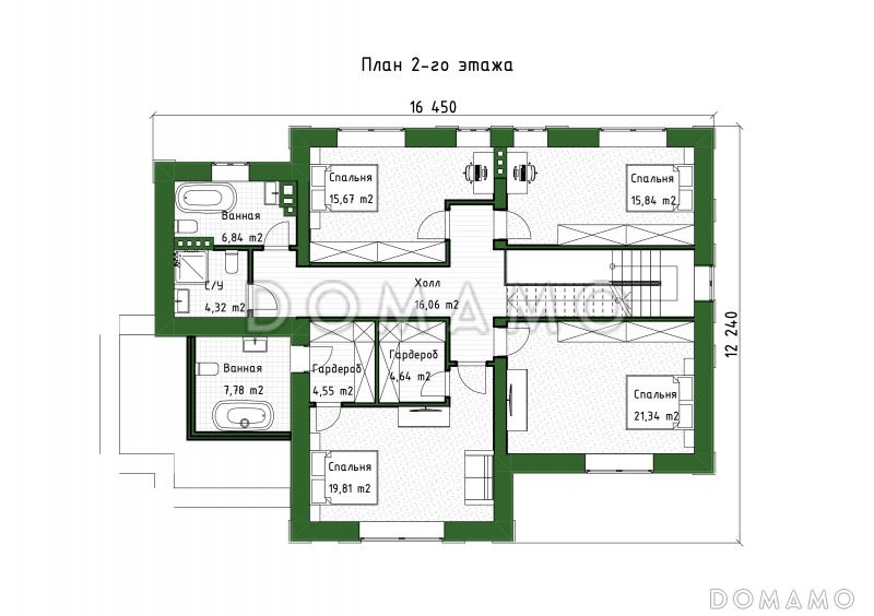 Проект большого дома с 5 спальнями, кабинетом и просторной гостиной / План 2 этажа