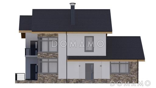 Проект двухэтажного дома из газобетона с двускатной крышей с подвалом, террасой и балконом / Фасад 1