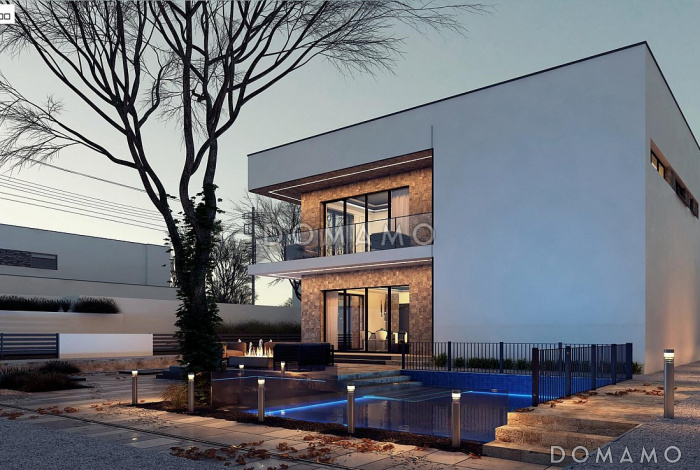 Проект современного двухэтажного дома из кирпича с плоской крышей, четырьмя комнатами и двумя лоджиями Проект современного двухэтажного дома из кирпича с плоской крышей, четырьмя комнатами и двумя лоджиями