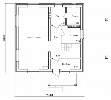 Проект компактного коттеджа с мансардным этажом и навесом под автомобиль, с наличием сауны / План 1 этажа Проект компактного коттеджа с мансардным этажом и навесом под автомобиль, с наличием сауны / План 1 этажа