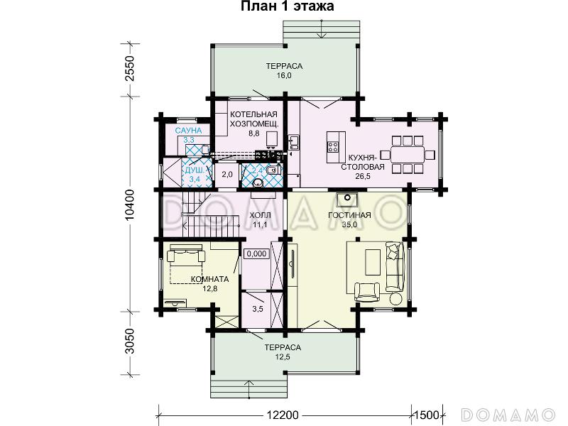 Проект двухэтажного дома с кухней-столовой, сауной и большими спальнями / План 1 этажа