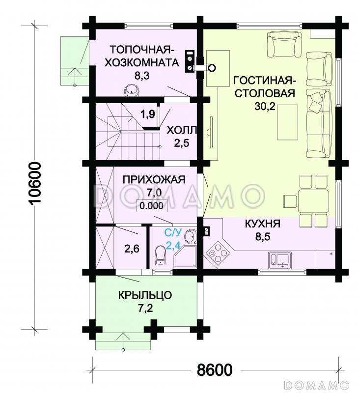 Проект одноэтажного дома из оцилиндрованного бревна с мансардой с просторной гостиной / План 1 этажа