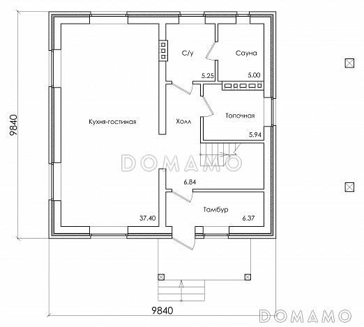 Проект компактного коттеджа с мансардным этажом и навесом под автомобиль, с наличием сауны / План 1 этажа Проект компактного коттеджа с мансардным этажом и навесом под автомобиль, с наличием сауны / План 1 этажа