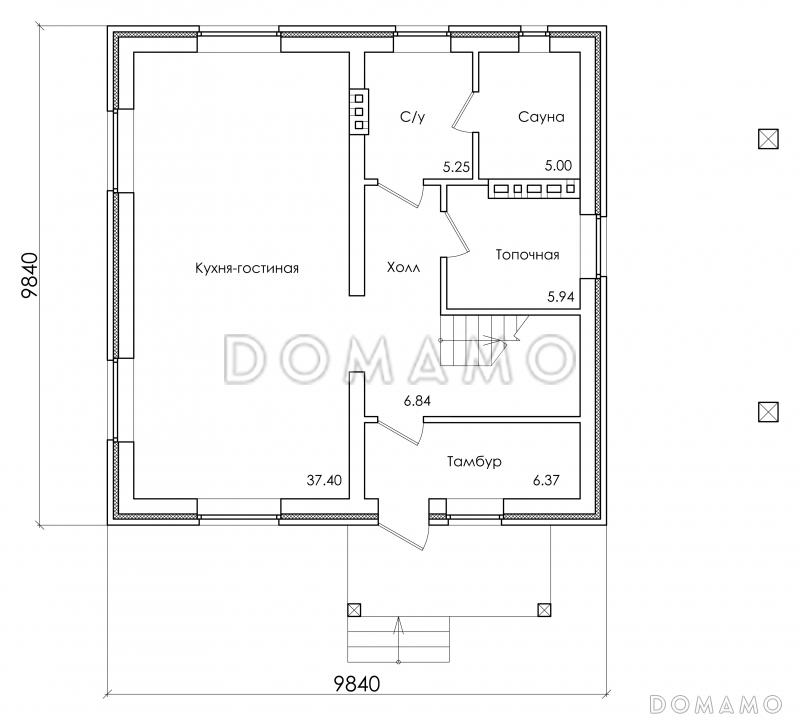 Проект компактного коттеджа с мансардным этажом и навесом под автомобиль, с наличием сауны / План 1 этажа