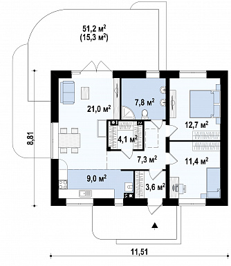 Проект компактного одноэтажного дома из кирпича с двумя спальнями и большой угловой открытой террасой / План 1 этажа Проект компактного одноэтажного дома из кирпича с двумя спальнями и большой угловой открытой террасой / План 1 этажа