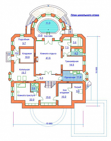 Проект жилого дома с небольшим бассейном на цокольном этаже / План цокольного этажа